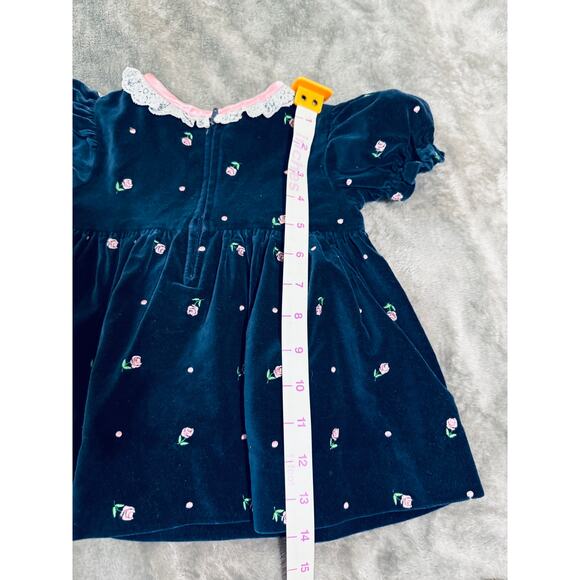 Vintage Velvet Dress Satin Bows Embroidered Rose Accents Lace Puff‎ Sleeve 12M - Picture 9 of 10